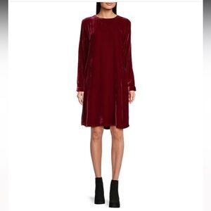 Eileen Fisher Velvet Silk Crew Neck Long Sleeve Shift Dress Ruby, NWT